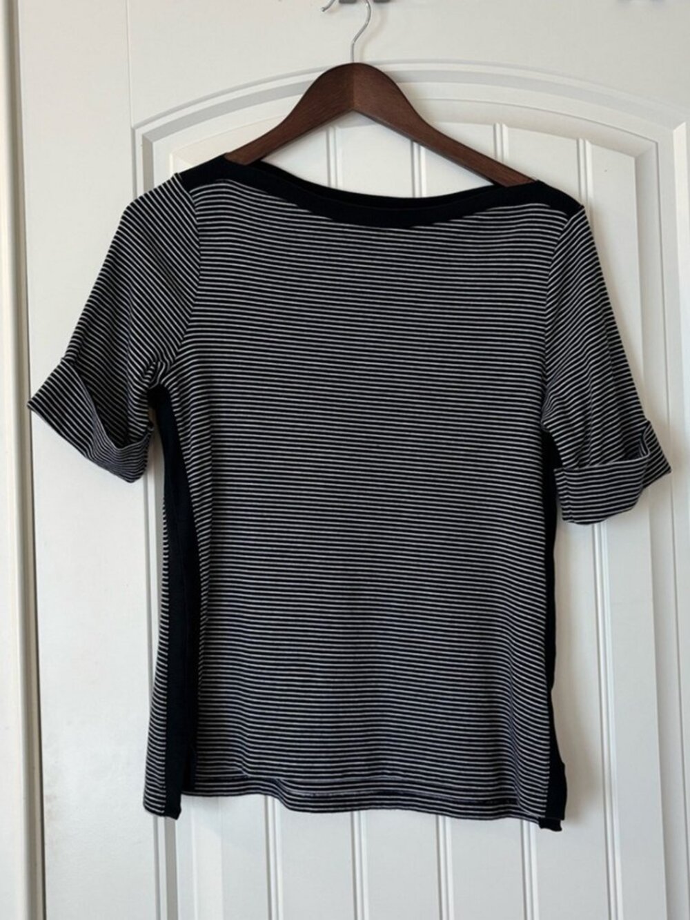 Women’s Stretch Knit Black White Thin Stripe Short Sleeve Everyday Top